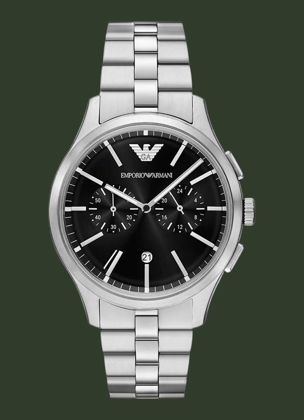 Silver Emporio Armani watch with black dial on a white background