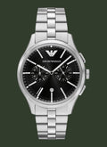 Silver Emporio Armani watch with black dial on a white background