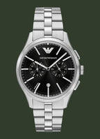 Silver Emporio Armani watch with black dial on a white background
