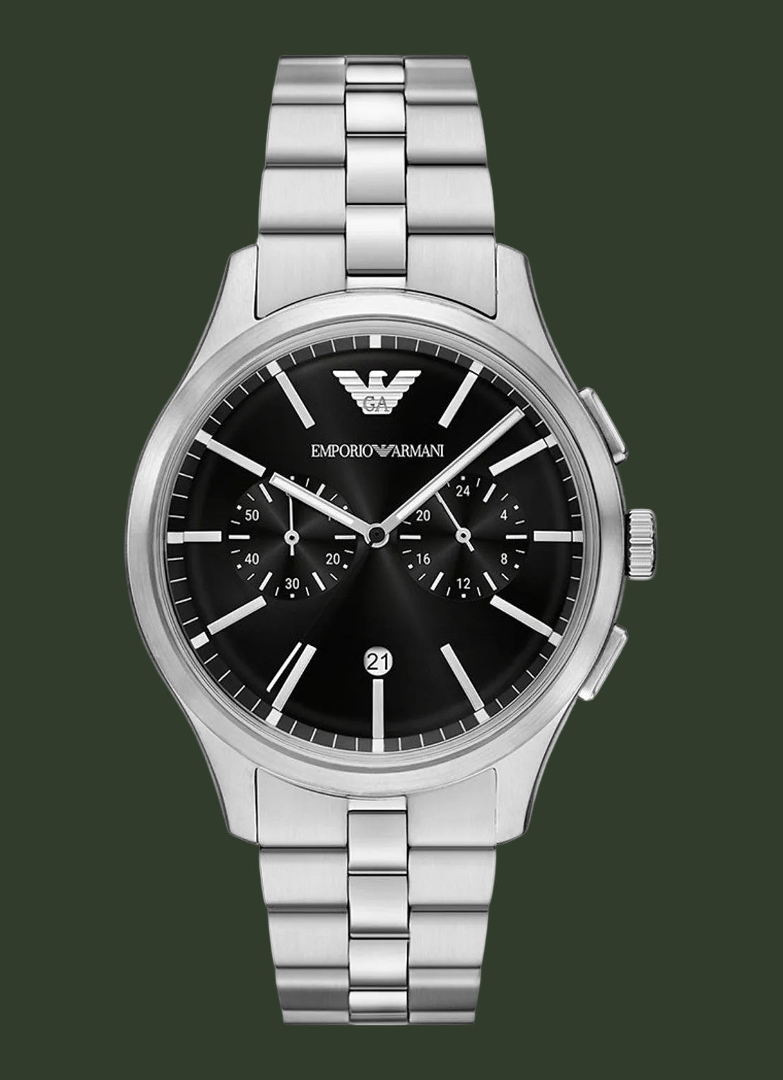Silver Emporio Armani watch with black dial on a white background