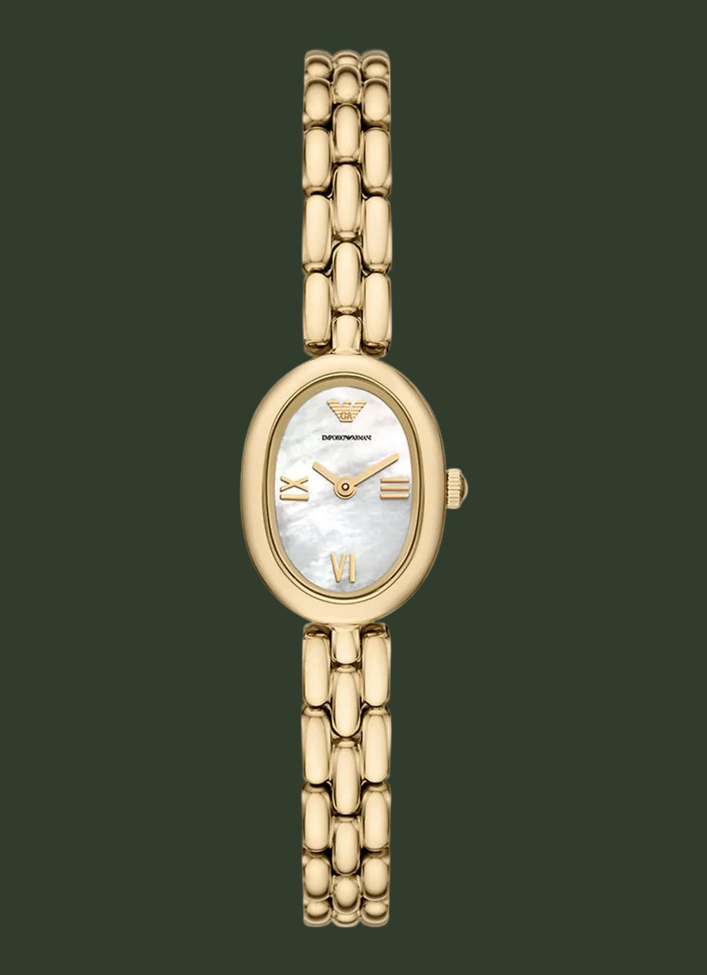 A gold-tone women's wristwatch with an oval bezel, mother-of-pearl dial, and matching gold-tone link bracelet, shown against a plain white background.