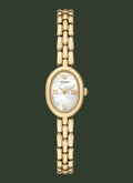 A gold-tone women's wristwatch with an oval bezel, mother-of-pearl dial, and matching gold-tone link bracelet, shown against a plain white background.