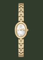 A gold-tone women's wristwatch with an oval bezel, mother-of-pearl dial, and matching gold-tone link bracelet, shown against a plain white background.