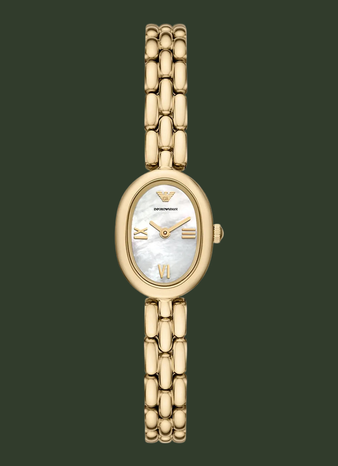A gold-tone women's wristwatch with an oval bezel, mother-of-pearl dial, and matching gold-tone link bracelet, shown against a plain white background.