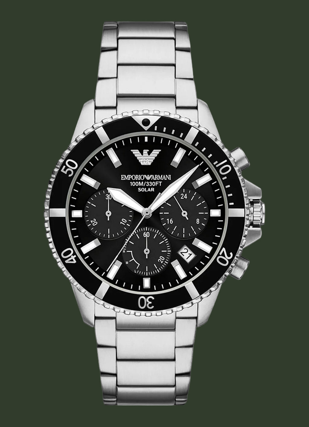 An Emporio Armani 100m/200m Solar chronograph watch with a black dial, black bezel, and a silver stainless steel link bracelet, shown against a plain white background.
