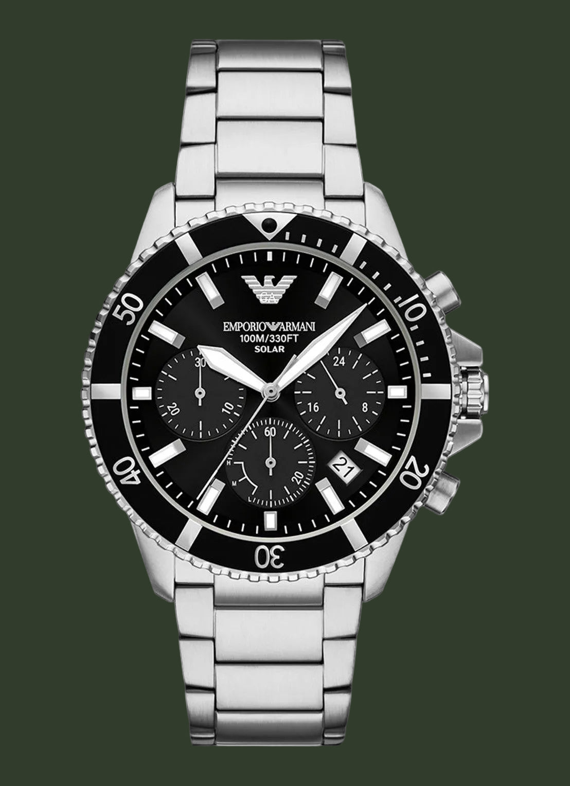 An Emporio Armani 100m/200m Solar chronograph watch with a black dial, black bezel, and a silver stainless steel link bracelet, shown against a plain white background.