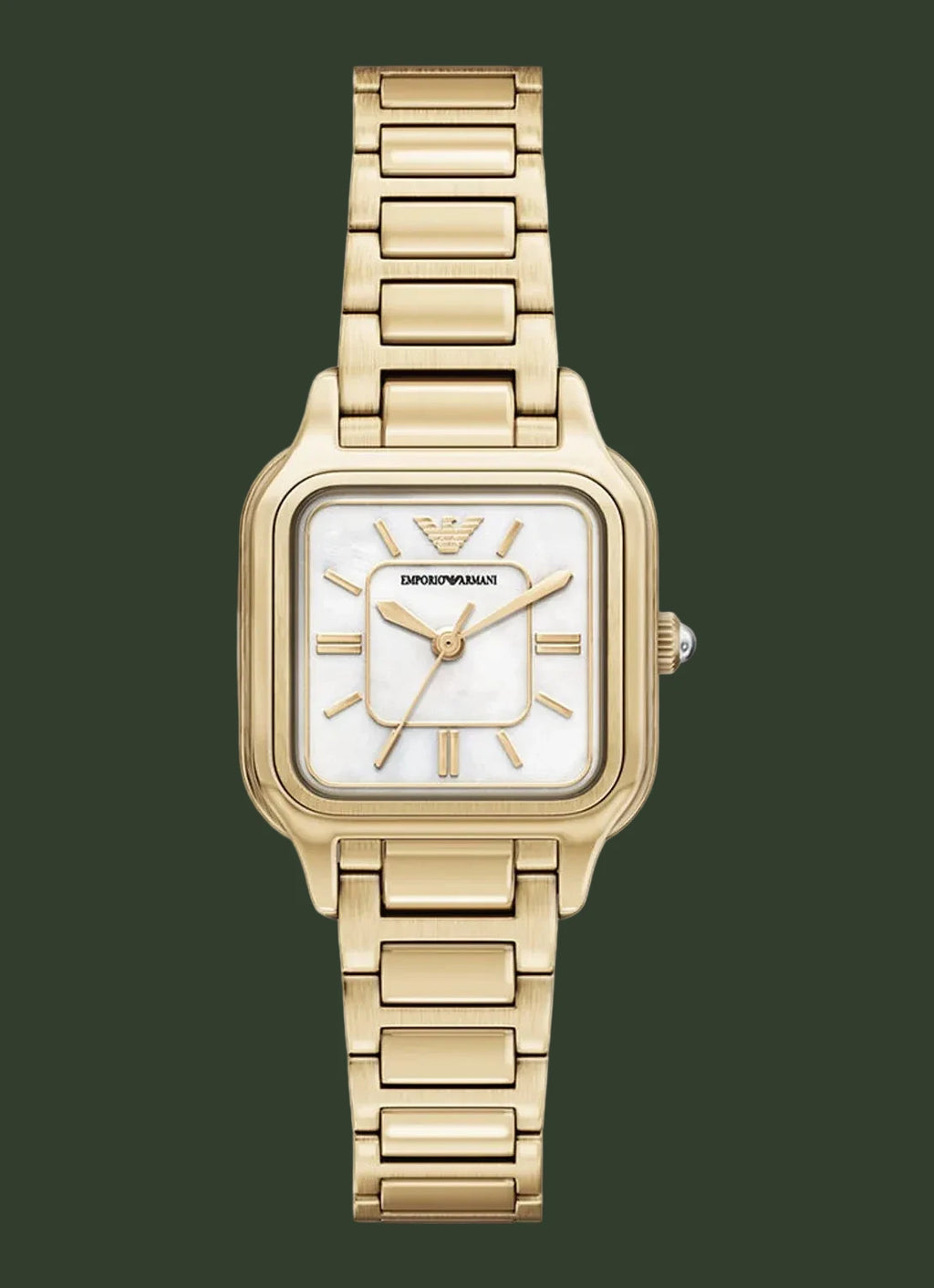 Gold watch with a white face on a white background