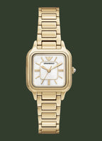 Gold watch with a white face on a white background
