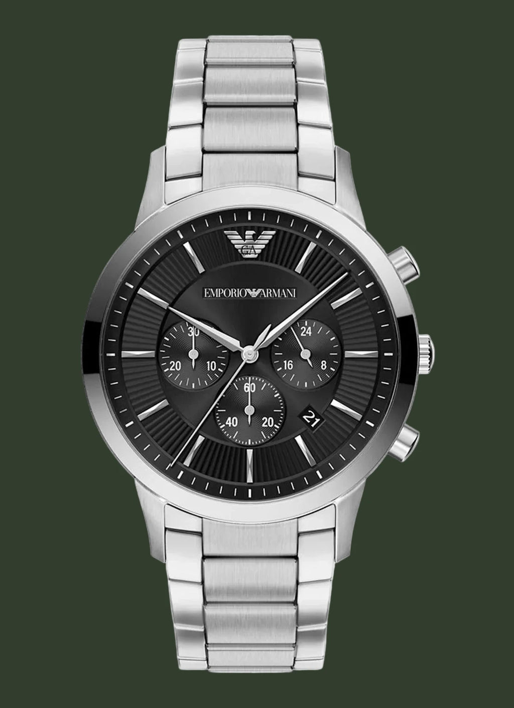 An Emporio Armani men's analog watch with a silver stainless steel link bracelet, a black dial with three subdials, and silver-tone hands and markers, shown against a plain white background.