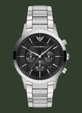 An Emporio Armani men's analog watch with a silver stainless steel link bracelet, a black dial with three subdials, and silver-tone hands and markers, shown against a plain white background.