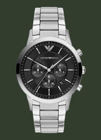 An Emporio Armani men's analog watch with a silver stainless steel link bracelet, a black dial with three subdials, and silver-tone hands and markers, shown against a plain white background.