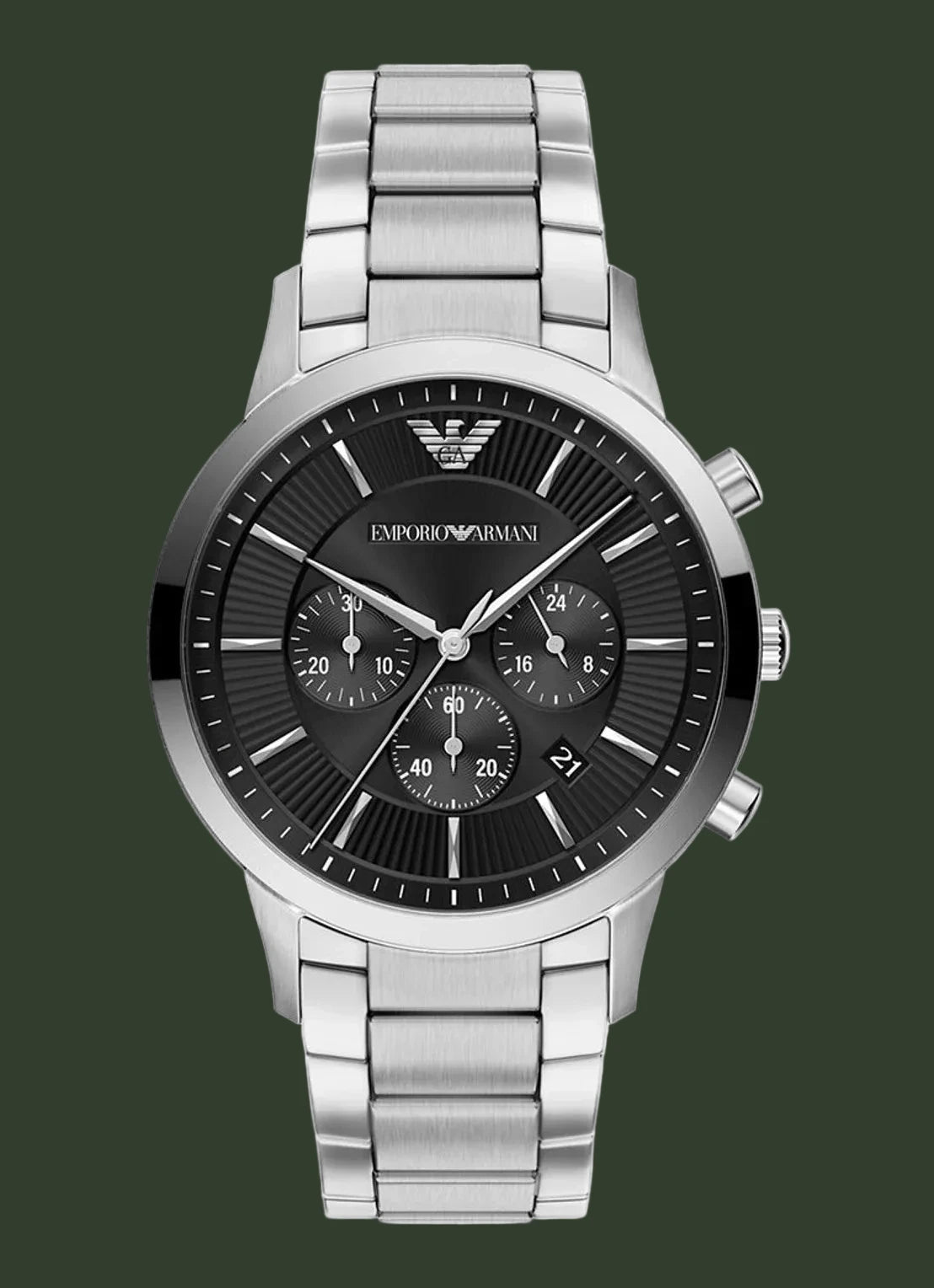 An Emporio Armani men's analog watch with a silver stainless steel link bracelet, a black dial with three subdials, and silver-tone hands and markers, shown against a plain white background.