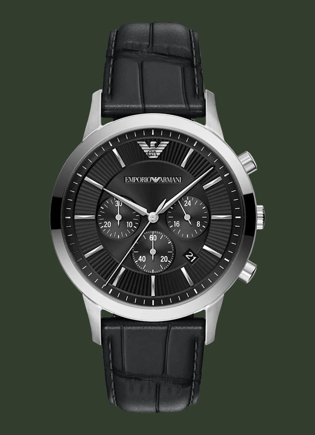 An Emporio Armani analog watch with a black dial, silver-tone case, and a black leather strap, shown against a plain white background.