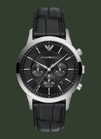 An Emporio Armani analog watch with a black dial, silver-tone case, and a black leather strap, shown against a plain white background.