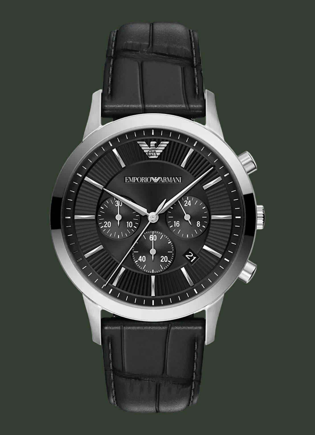 An Emporio Armani analog watch with a black dial, silver-tone case, and a black leather strap, shown against a plain white background.