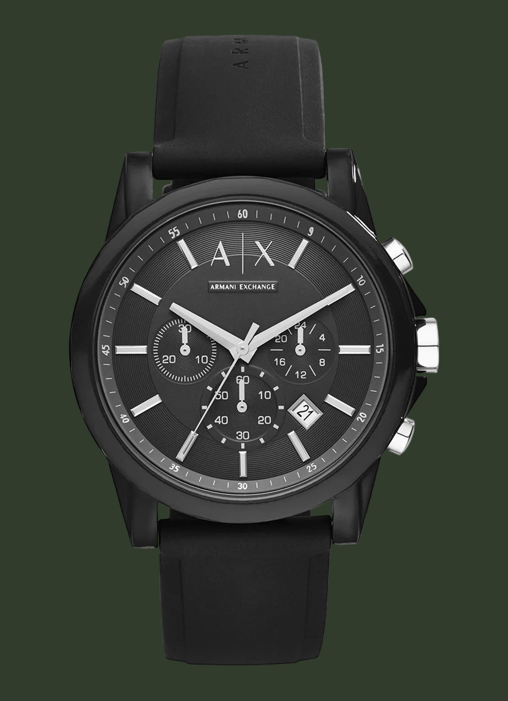 Armani Exchange men's chronograph watch with a black round case, black dial, and black rubber strap, shown on a plain white background.