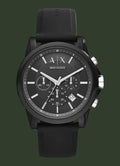 Armani Exchange men's chronograph watch with a black round case, black dial, and black rubber strap, shown on a plain white background.