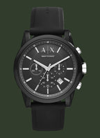 Armani Exchange men's chronograph watch with a black round case, black dial, and black rubber strap, shown on a plain white background.
