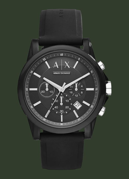Armani Exchange men's chronograph watch with a black round case, black dial, and black rubber strap, shown on a plain white background.