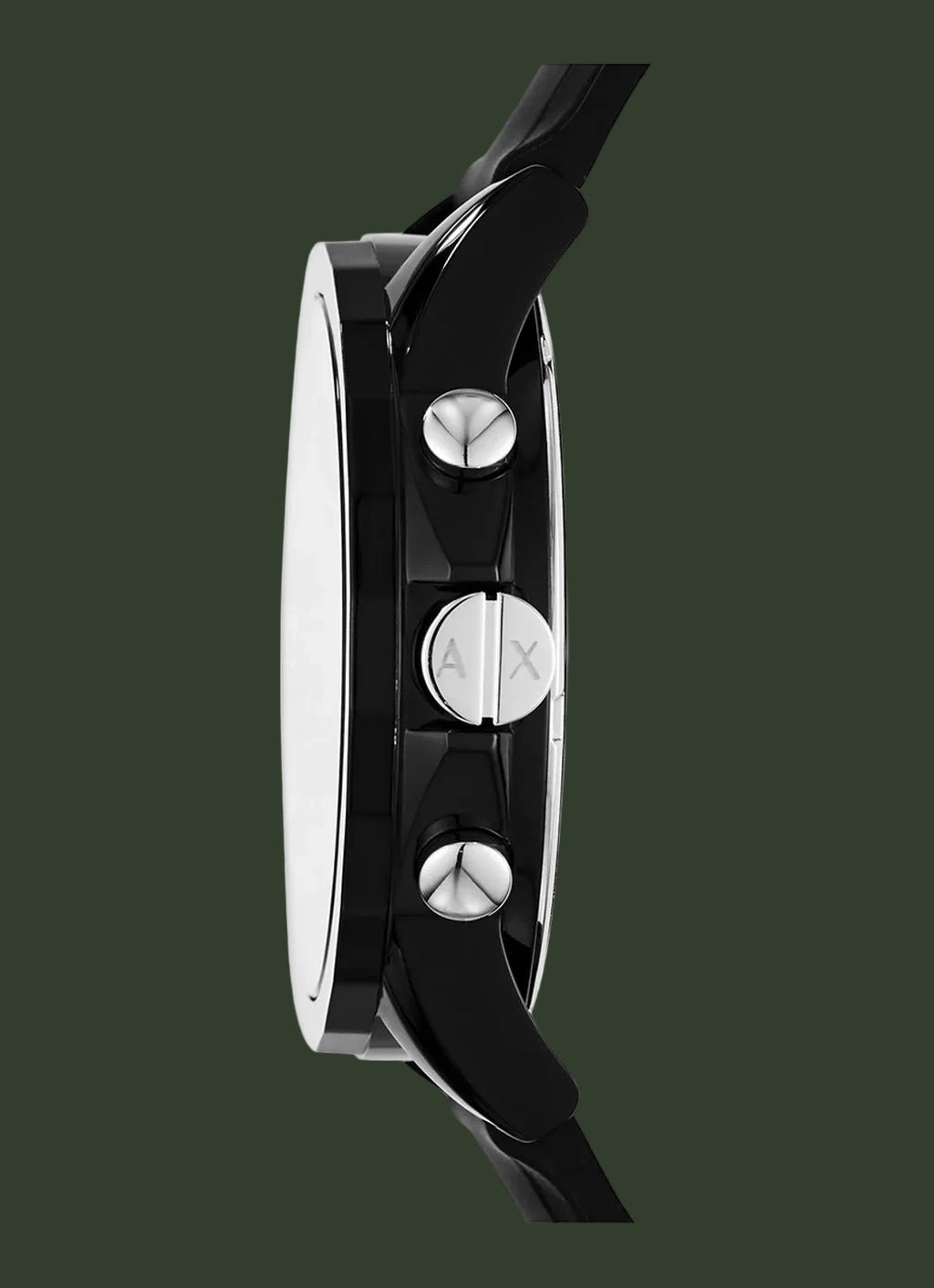 Side profile of a black smartwatch with a glossy black strap and silver-tone buttons, shown on a plain white background.