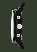 Side profile of a black smartwatch with a glossy black strap and silver-tone buttons, shown on a plain white background.