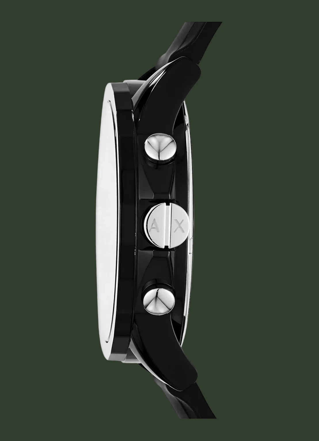 Side profile of a black smartwatch with a glossy black strap and silver-tone buttons, shown on a plain white background.