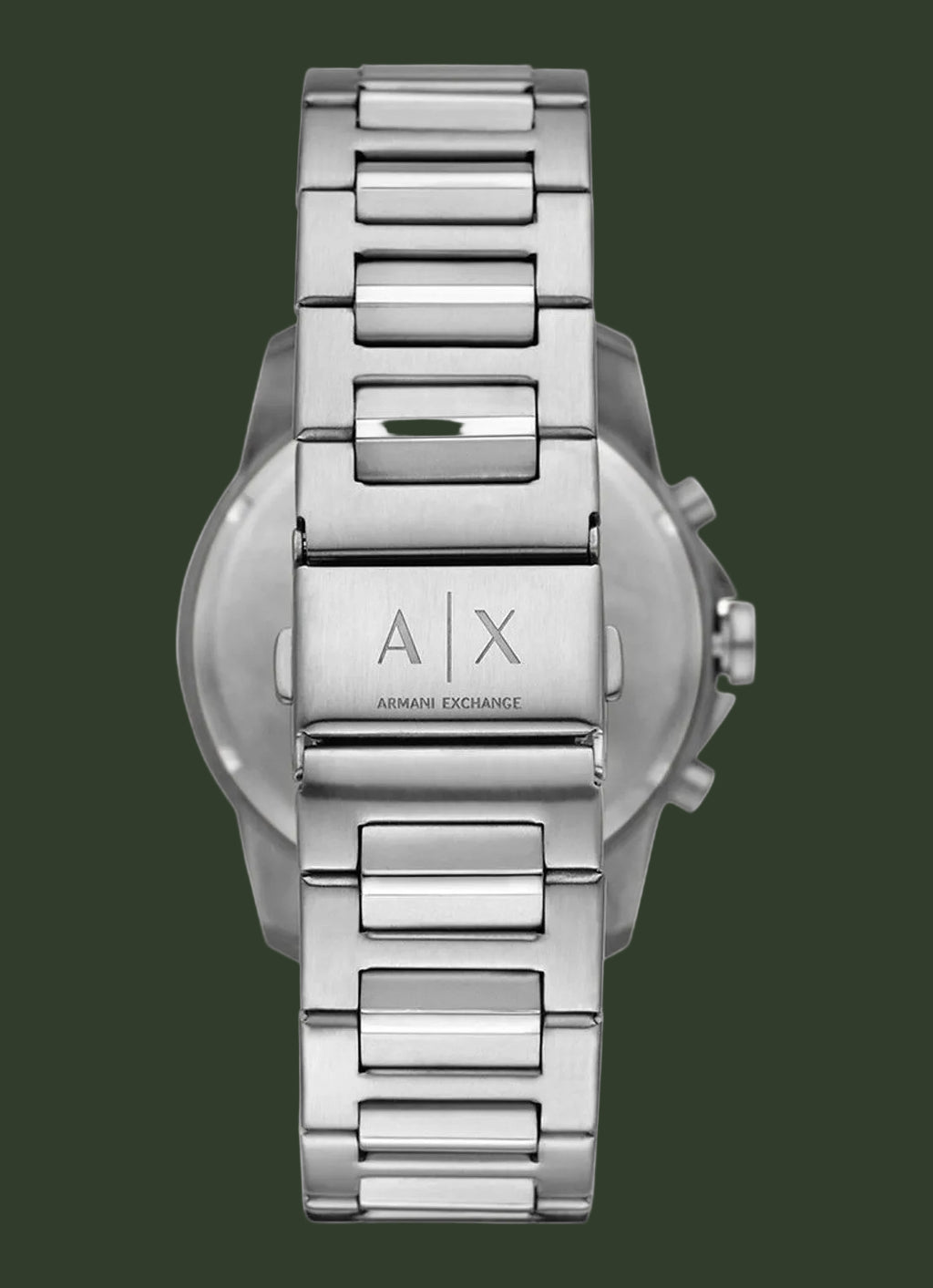 Silver stainless steel analog watch with a metal link bracelet, shown from the back with the case back and 'A|X' logo visible, on a plain white background.