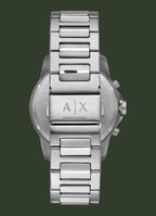 Silver stainless steel analog watch with a metal link bracelet, shown from the back with the case back and 'A|X' logo visible, on a plain white background.