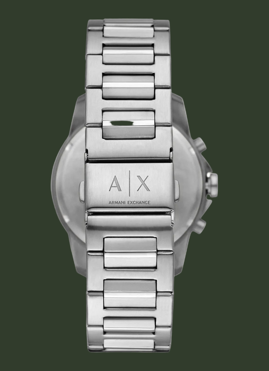 Silver stainless steel analog watch with a metal link bracelet, shown from the back with the case back and 'A|X' logo visible, on a plain white background.
