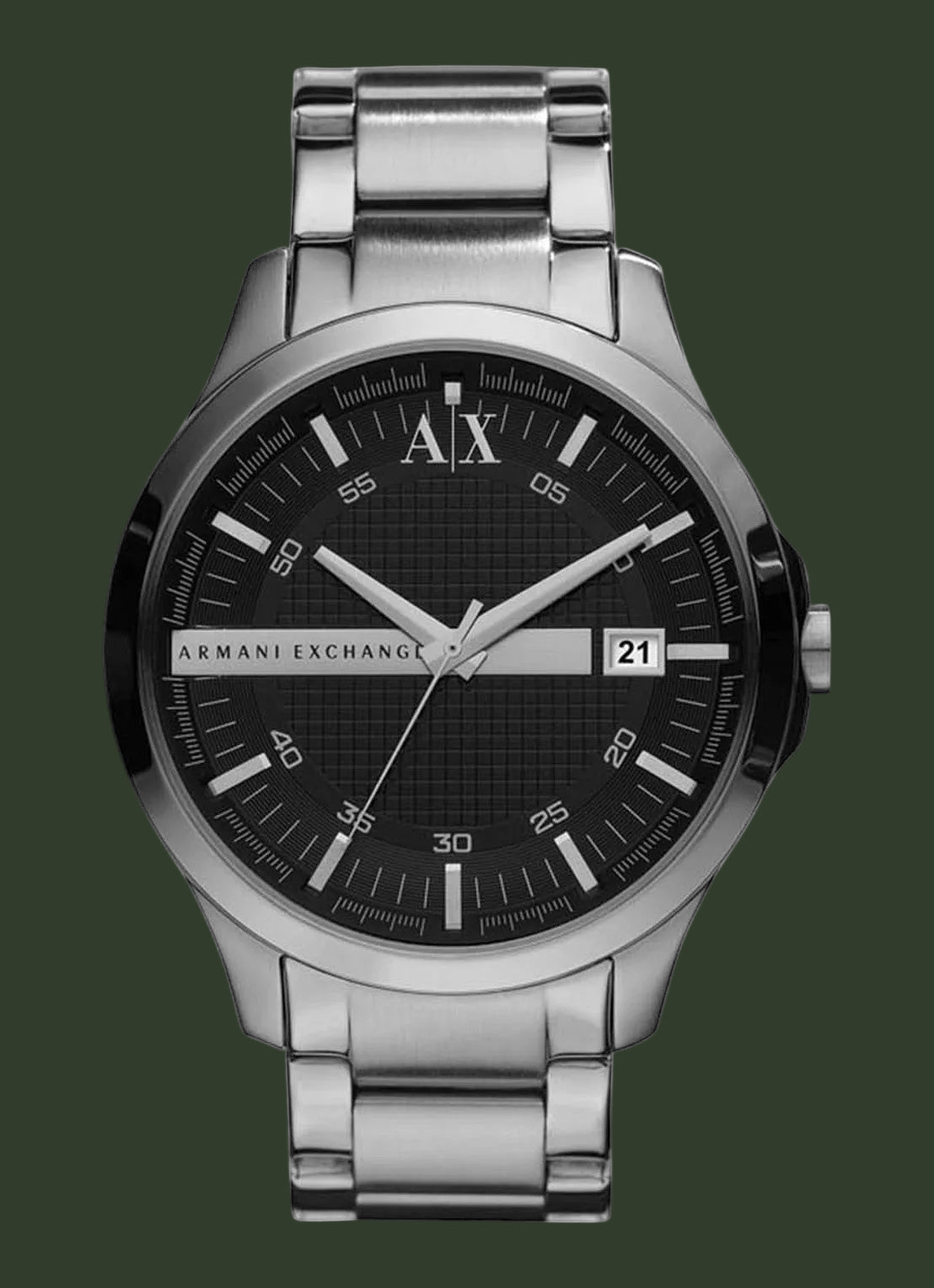 Armani Exchange men's analog watch with a silver stainless steel case and link bracelet, featuring a black textured dial with silver-tone hands, white hour markers, and a date window showing '21'.