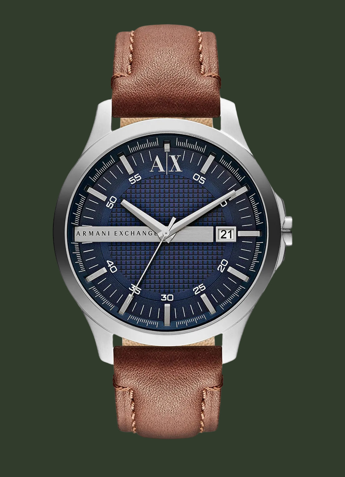 Armani Exchange watch with brown leather strap and blue dial on a white background