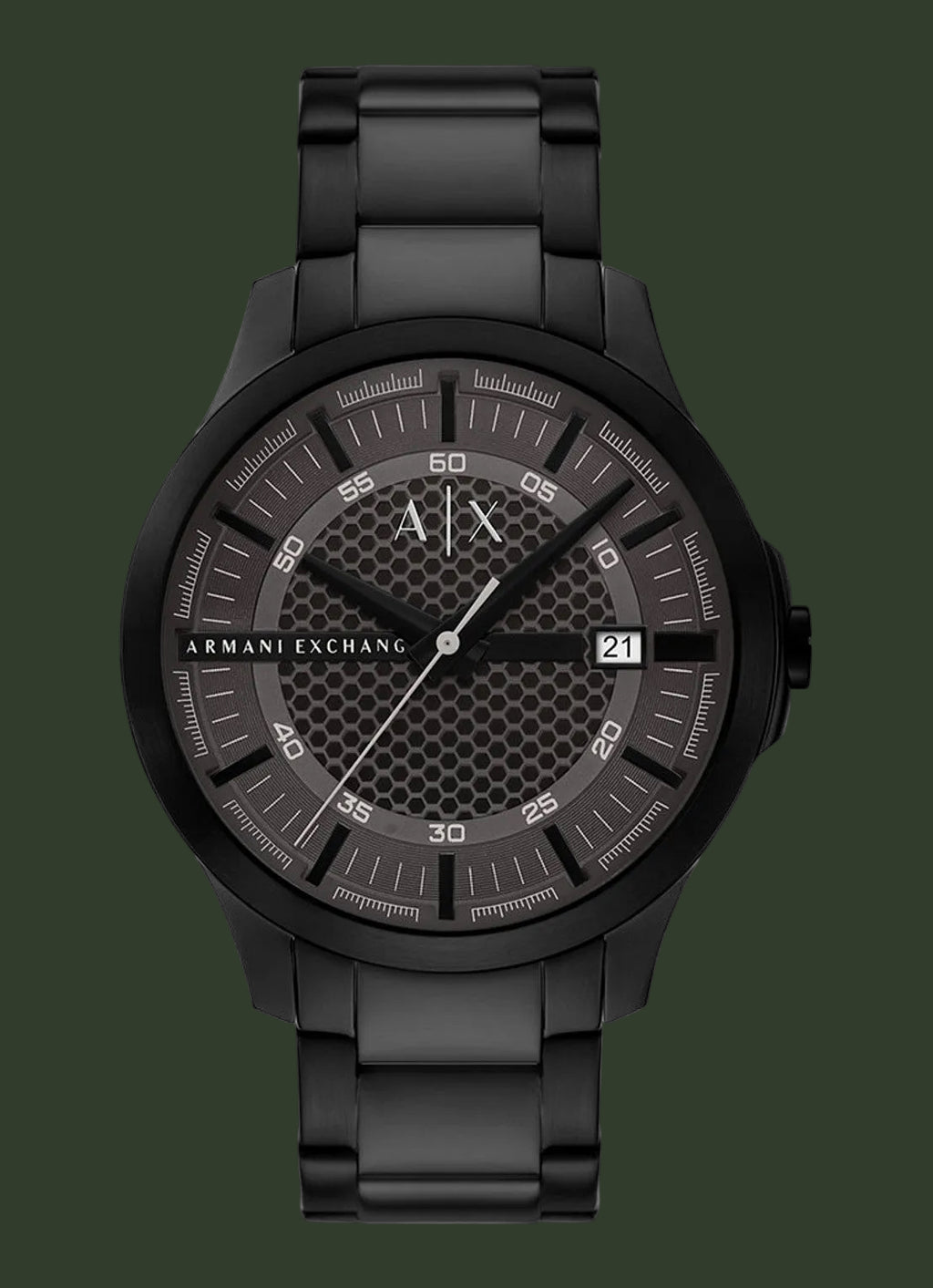 Black Armani Exchange watch on a white background