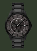 Black Armani Exchange watch on a white background