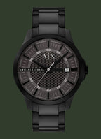 Black Armani Exchange watch on a white background