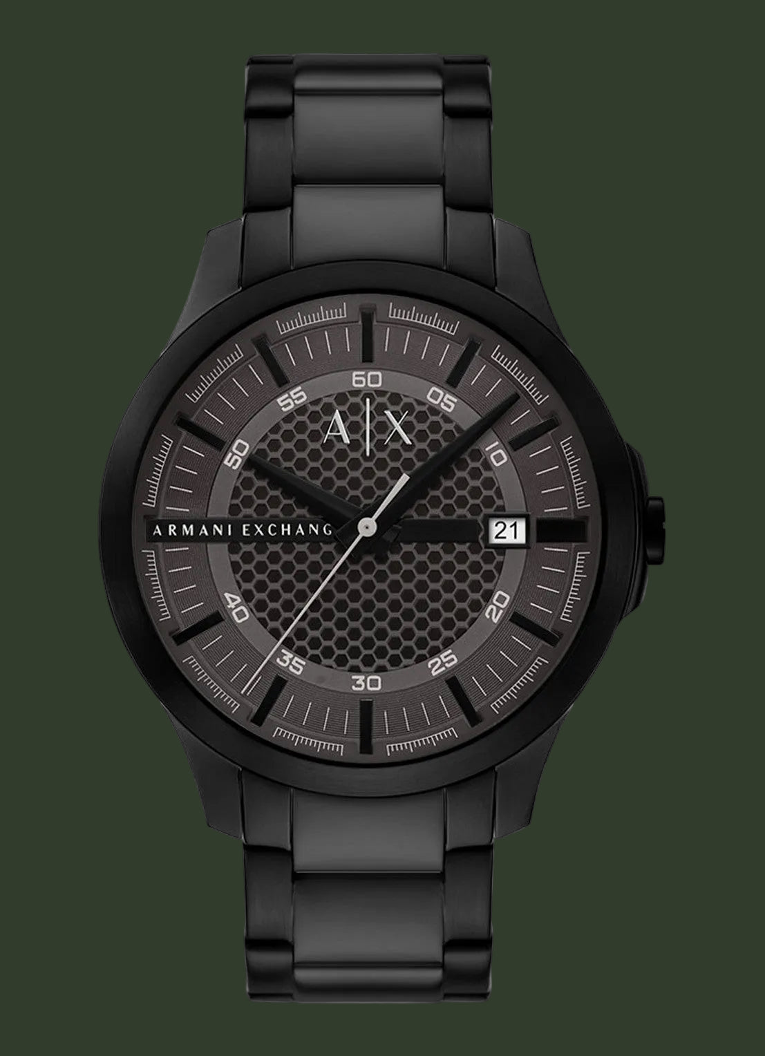 Black Armani Exchange watch on a white background