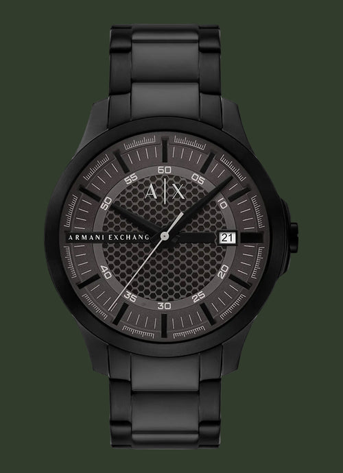 Black Armani Exchange watch on a white background