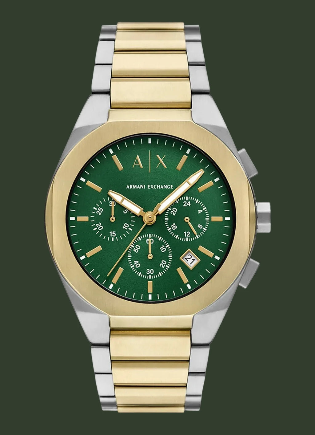 Two-tone Armani Exchange watch with green face on a white background