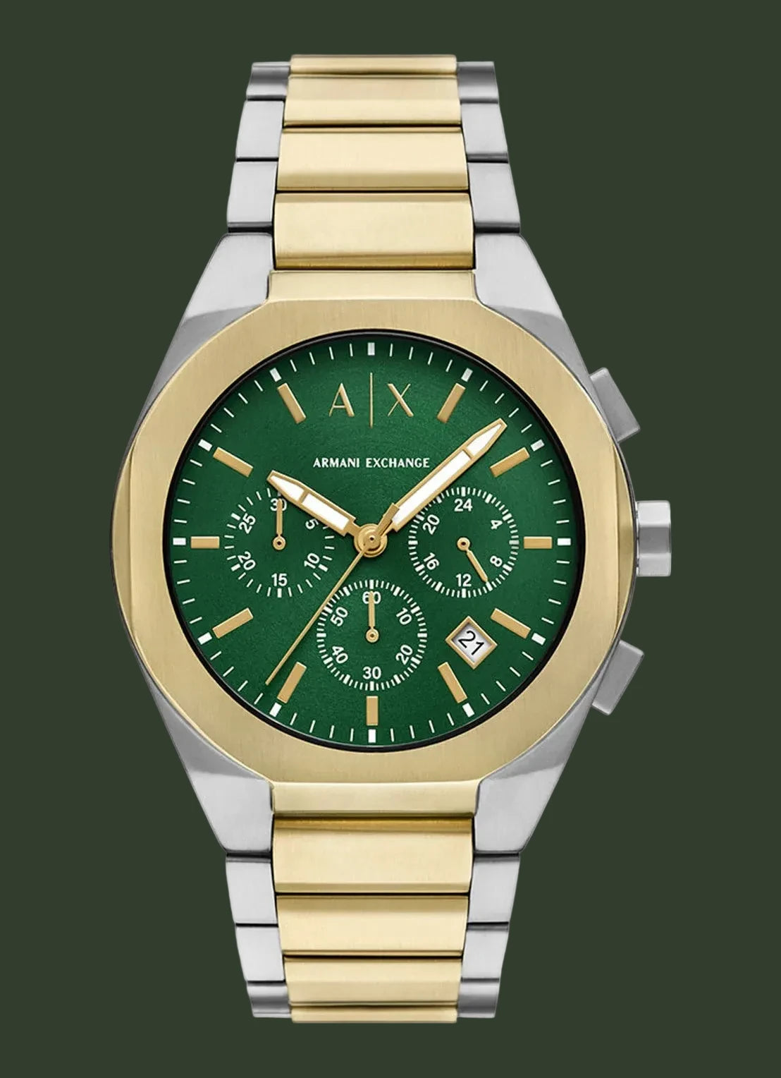 Two-tone Armani Exchange watch with green face on a white background