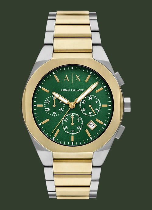 Two-tone Armani Exchange watch with green face on a white background