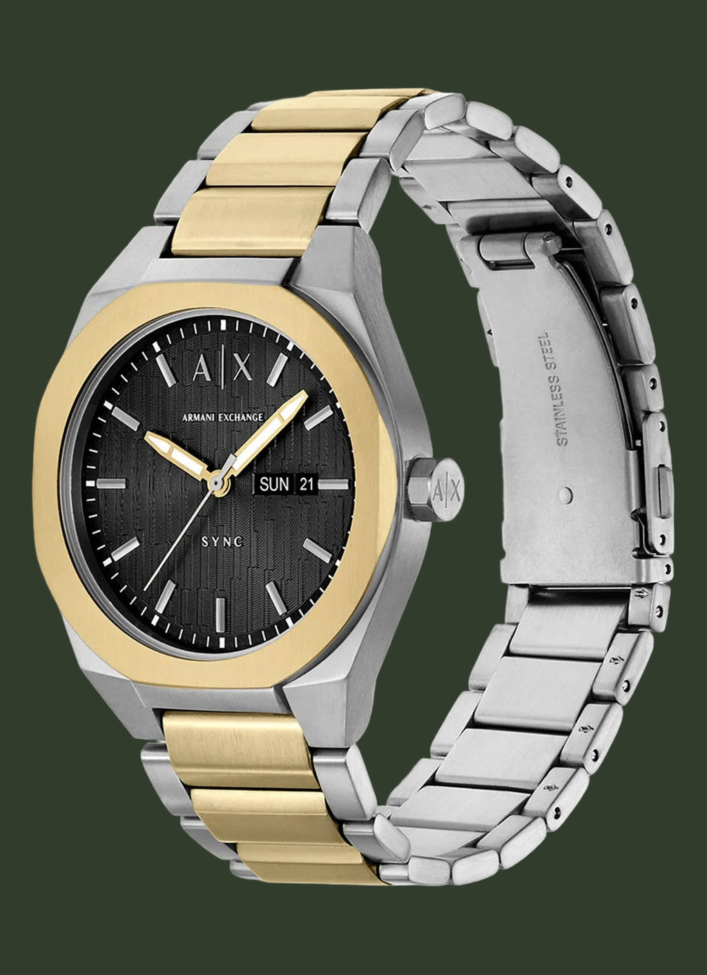 Armenian Exchange men's watch with a two-tone stainless steel and gold-tone link bracelet, featuring a black dial with gold-tone hands and markers.