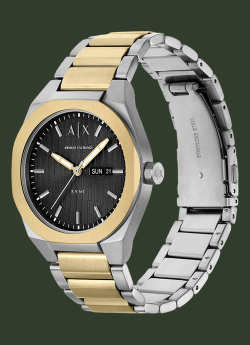 Armenian Exchange men's watch with a two-tone stainless steel and gold-tone link bracelet, featuring a black dial with gold-tone hands and markers.