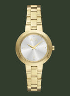 Gold watch with a silver face on a white background