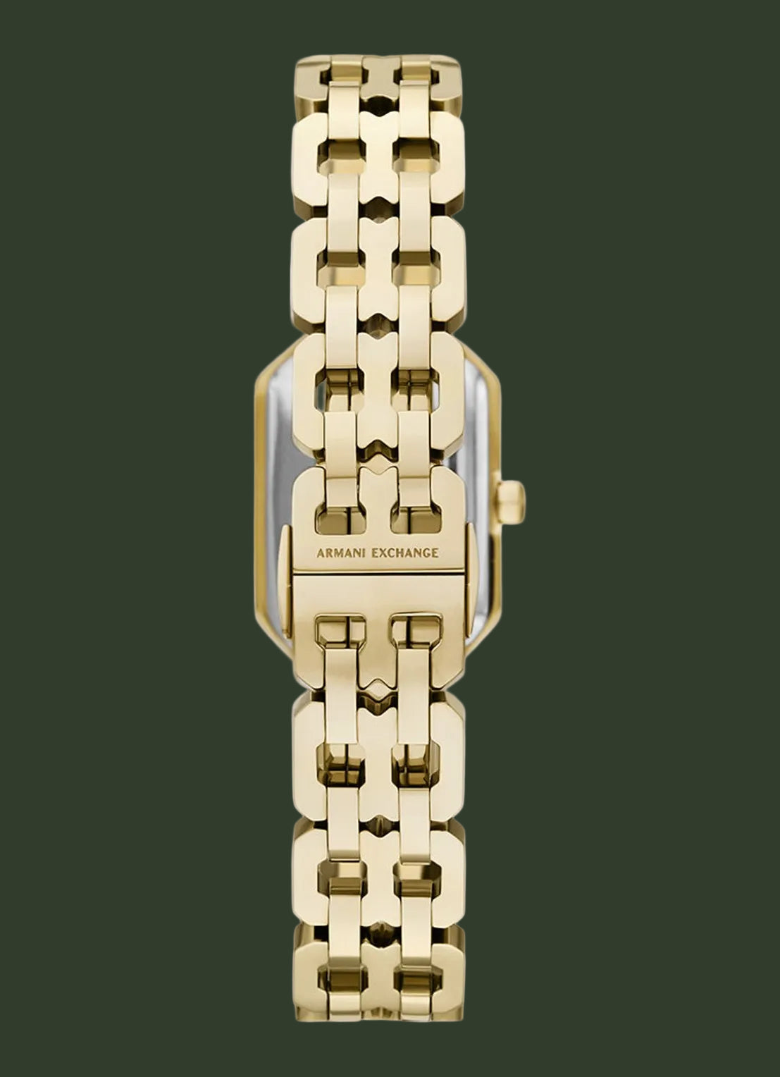 Gold-tone stainless steel watch with a rectangular case and a matching interlocking link bracelet, featuring the 'ARMANI EXCHANGE' logo on the lugs, shown against a plain white background.