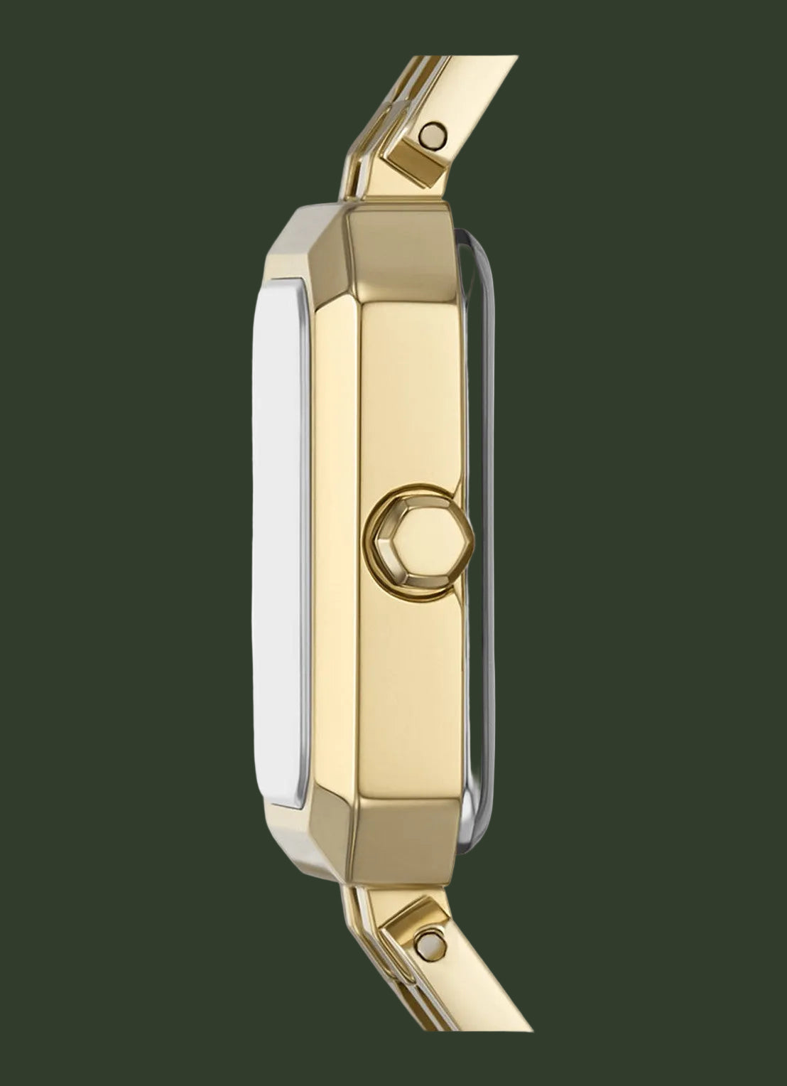 A close-up side profile of a gold-tone watch with a rectangular face and a matching gold-tone strap, shown against a plain white background.