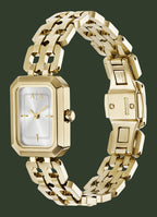 A gold-tone Citizen watch with a rectangular bezel, silver dial, and matching gold-tone link bracelet, shown on a plain white background.