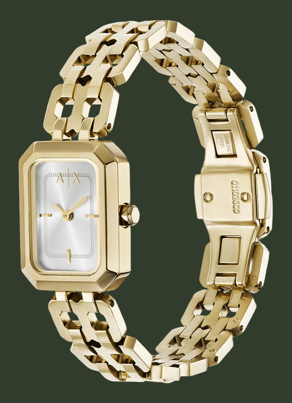 A gold-tone Citizen watch with a rectangular bezel, silver dial, and matching gold-tone link bracelet, shown on a plain white background.