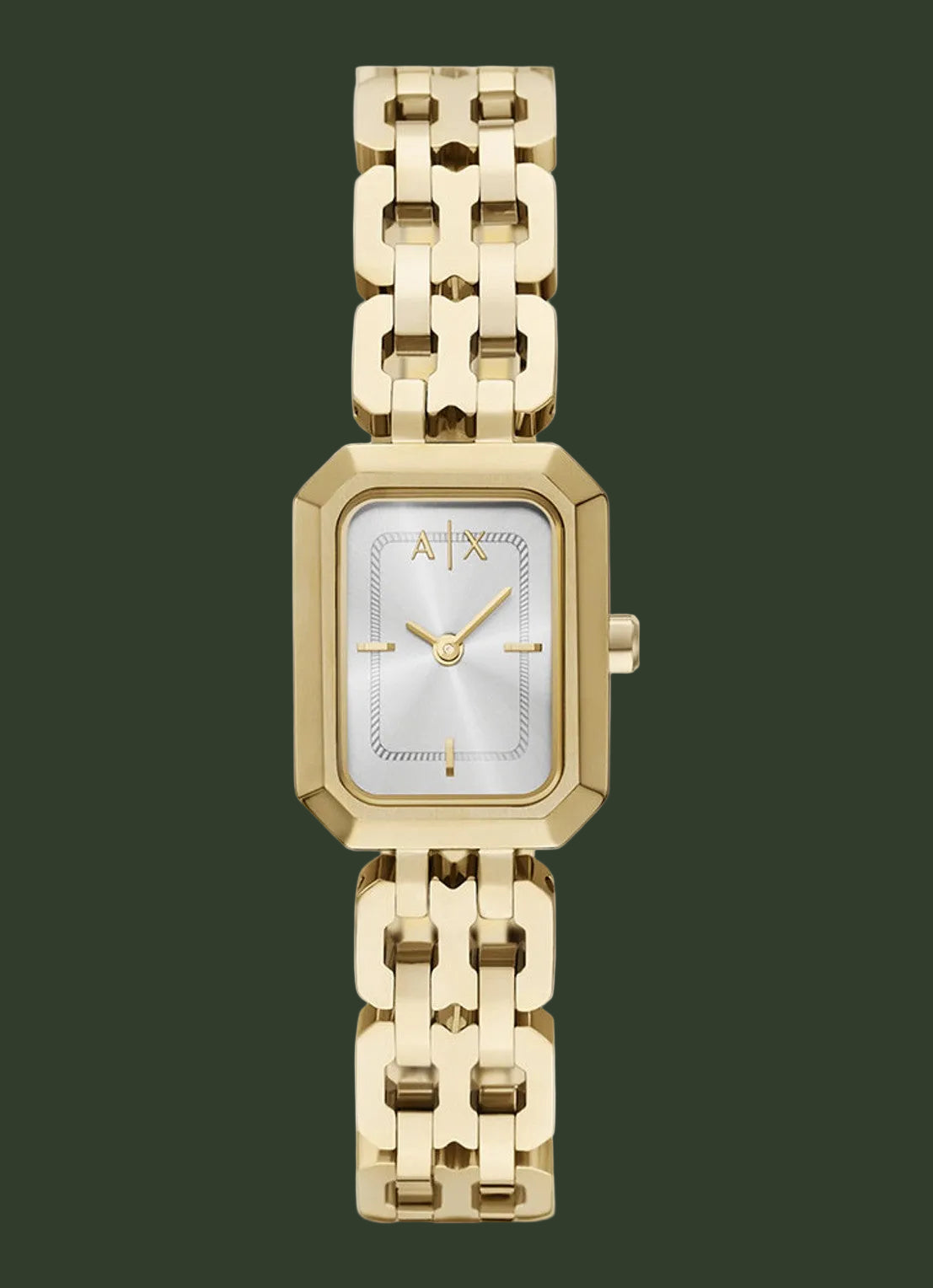 A gold-tone Armani Exchange watch with a rectangular bezel, silver dial, and matching gold-tone link bracelet, shown against a plain white background.