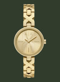 Gold watch with a detailed band on a white background