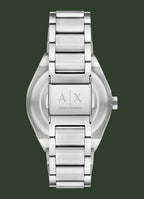 Silver stainless steel analog watch with a metal link bracelet, shown from the back. The clasp features the 'A|X' logo and 'ARMAN EXCHANGE' branding.