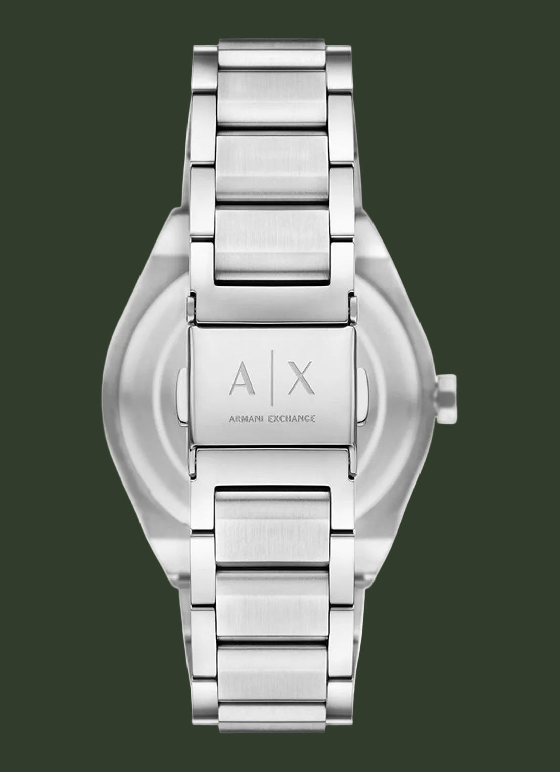 Silver stainless steel analog watch with a metal link bracelet, shown from the back. The clasp features the 'A|X' logo and 'ARMAN EXCHANGE' branding.
